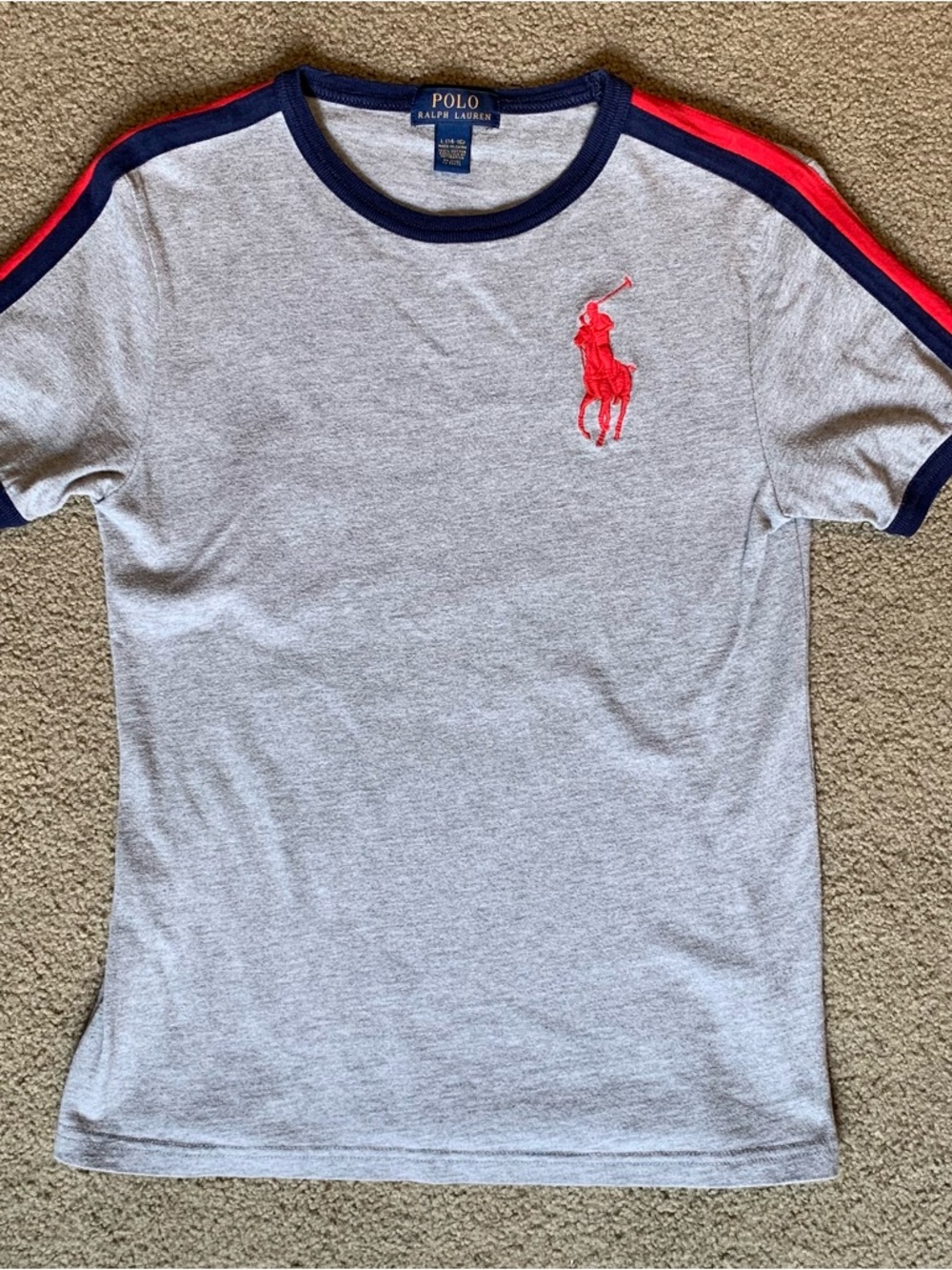 Polo Ralph Lauren Youth T-shirt Large Gray Big Red Embroidered Logo Stripes